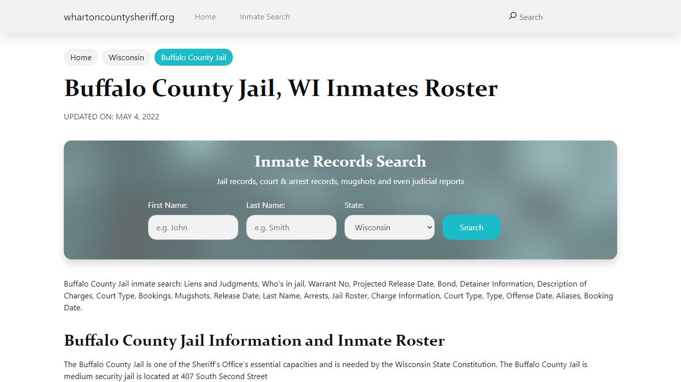 Buffalo County Jail, WI Jail Roster, Name Search